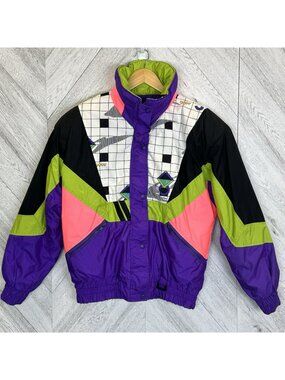Vintage 90s Neon Ski Jacket Womens Medium Colorblock Winter Retro Joff